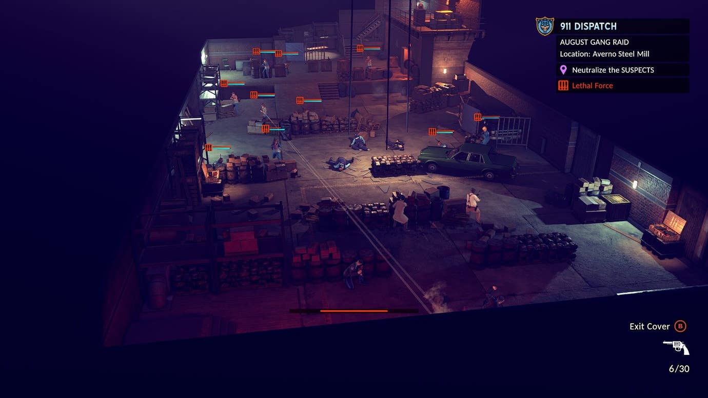The player makes their way through a cover-based shootout in a warehouse, with many enemies.